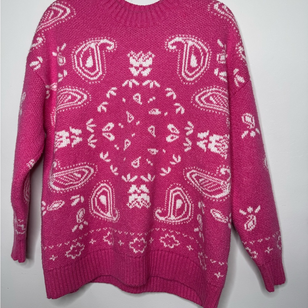 New America Eagle Women’s XS Pink White Oversized Pullover Holiday Sweater NWT